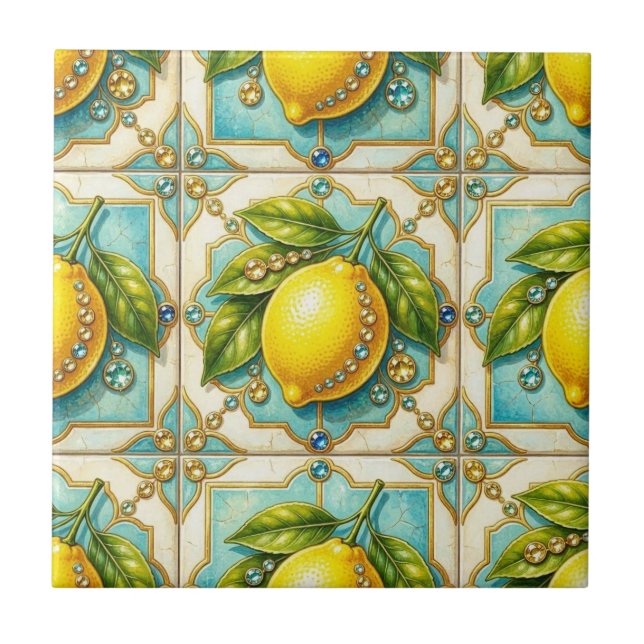 Seamless Pattern Art Deco Lemons and Diamonds Ceramic Tile (Front)