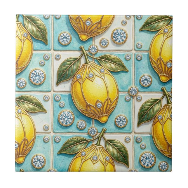 Seamless Pattern Art Deco Lemons and Diamonds Ceramic Tile (Front)