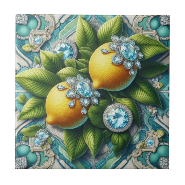 Seamless Pattern Art Deco Lemons and Diamonds Ceramic Tile (Front)