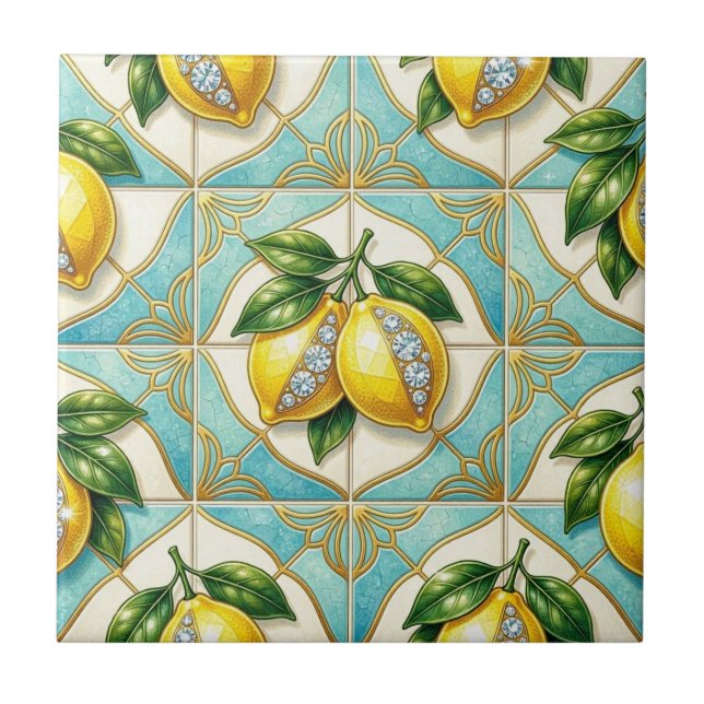 Seamless Pattern Art Deco Lemons and Diamonds Ceramic Tile (Front)
