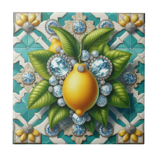 Seamless Pattern Art Deco Lemons and Diamonds Ceramic Tile (Front)