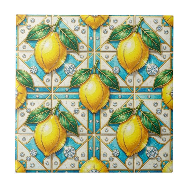 Seamless Pattern Art Deco Lemons and Diamonds Ceramic Tile (Front)