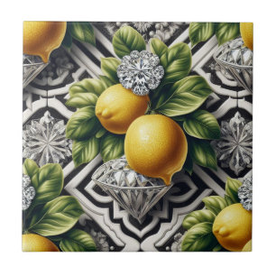 Seamless Pattern B&W Art Deco Lemons and Diamonds Ceramic Tile