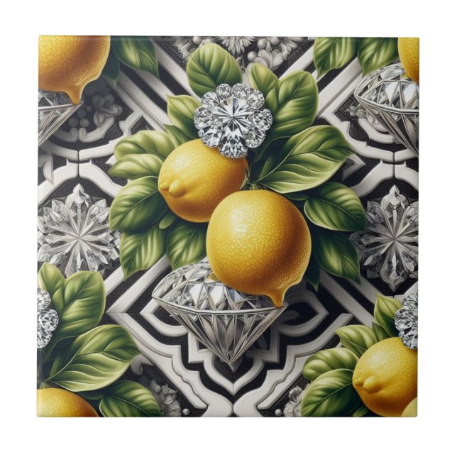 Seamless Pattern B&W Art Deco Lemons and Diamonds Ceramic Tile (Front)