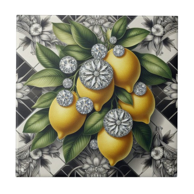 Seamless Pattern B&W Art Deco Lemons and Diamonds Ceramic Tile (Front)