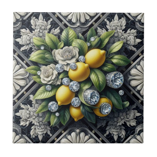 Seamless Pattern B&W Art Deco Lemons and Diamonds Ceramic Tile (Front)