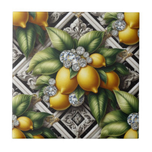 Seamless Pattern B&W Art Deco Lemons and Diamonds Ceramic Tile