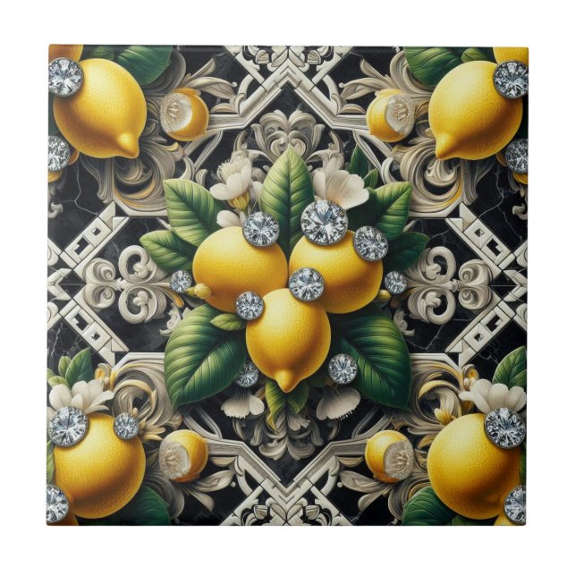 Seamless Pattern B&W Art Deco Lemons and Diamonds Ceramic Tile (Front)