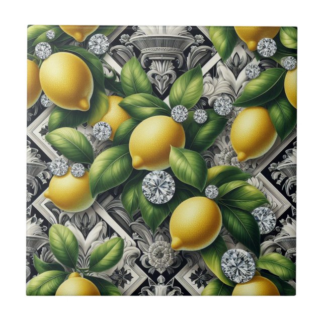Seamless Pattern B&W Art Deco Lemons and Diamonds Ceramic Tile (Front)
