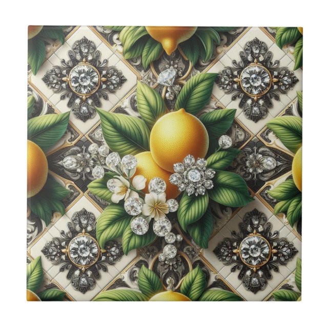 Seamless Pattern B&W Art Deco Lemons and Diamonds Ceramic Tile (Front)