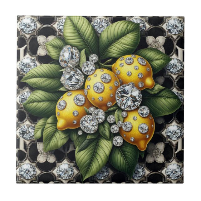 Seamless Pattern B&W Art Deco Lemons and Diamonds Ceramic Tile (Front)