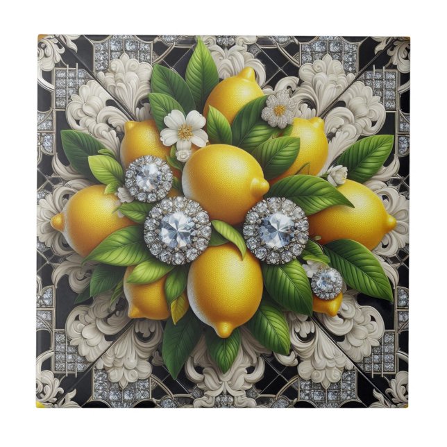Seamless Pattern B&W Art Deco Lemons and Diamonds Ceramic Tile (Front)