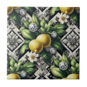 Seamless Pattern B&W Art Deco Lemons and Diamonds Ceramic Tile