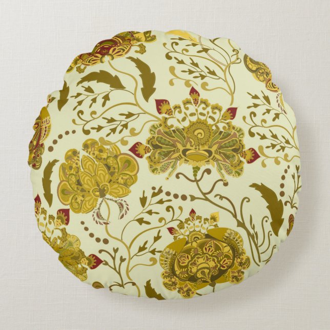 Seamless pattern, big indian paisley flowers. Tren Round Cushion (Front)