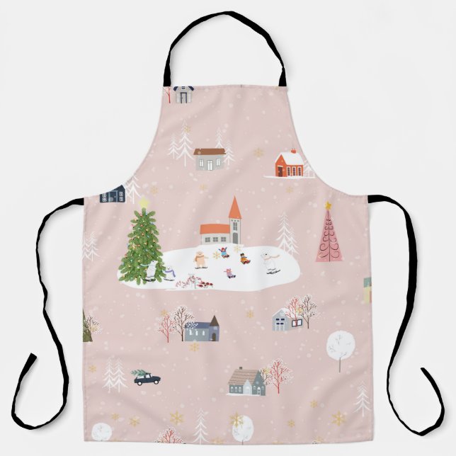 Seamless pattern Cute Christmas landscape in the t Apron (Front)