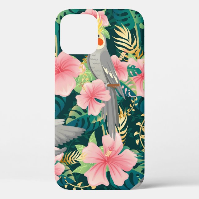 Seamless pattern cute cockatiel parrot sits on gre Case-Mate iPhone case (Back)