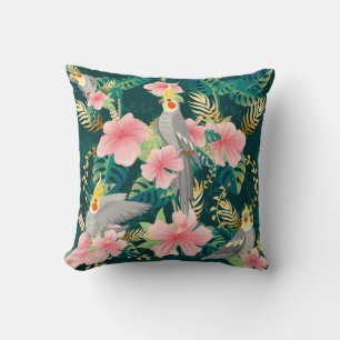 Seamless pattern cute cockatiel parrot sits on gre cushion