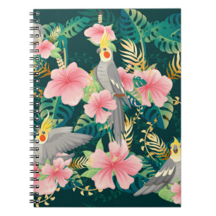 Seamless pattern cute cockatiel parrot sits on gre notebook