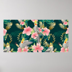 Seamless pattern cute cockatiel parrot sits on gre poster