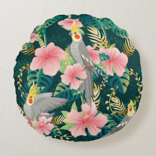 Seamless pattern cute cockatiel parrot sits on gre round cushion