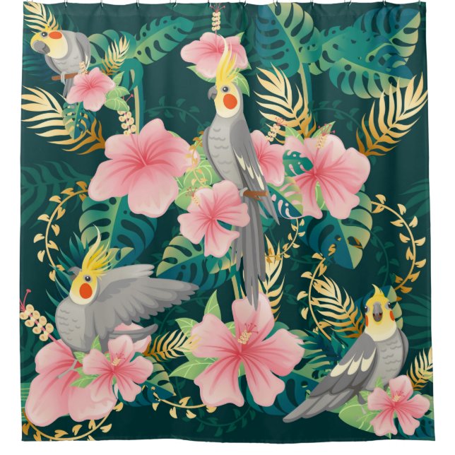 Seamless pattern cute cockatiel parrot sits on gre shower curtain (Front)