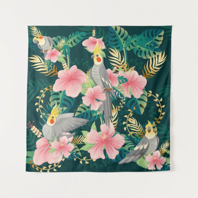 Seamless pattern cute cockatiel parrot sits on gre tapestry (Front)