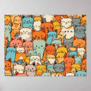 Seamless Pattern Cute Kawaii Cats Poster
