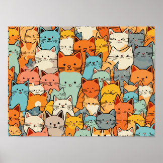Seamless Pattern Cute Kawaii Cats Poster