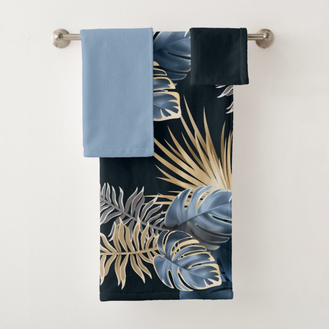 Seamless Pattern Dark Leaves Tropical Plants Bath Towel Set (Insitu)