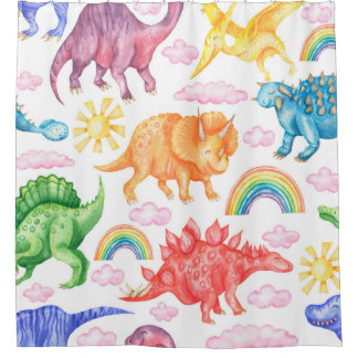 Seamless pattern depicting colored dinosaurs, rain shower curtain