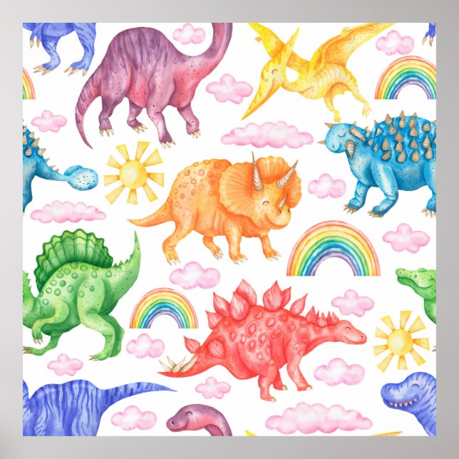 Seamless pattern depicting coloured dinosaurs, rai poster (Front)
