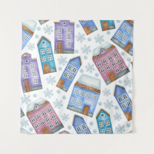 Seamless pattern depicting winter houses and snowf tapestry