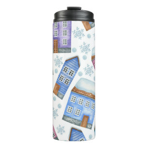 Seamless pattern depicting winter houses and snowf thermal tumbler