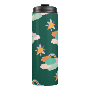Seamless pattern design with colourful clouds and thermal tumbler