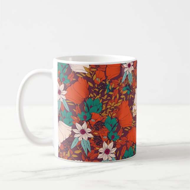 Seamless pattern design with hand drawn flowers an coffee mug (Left)