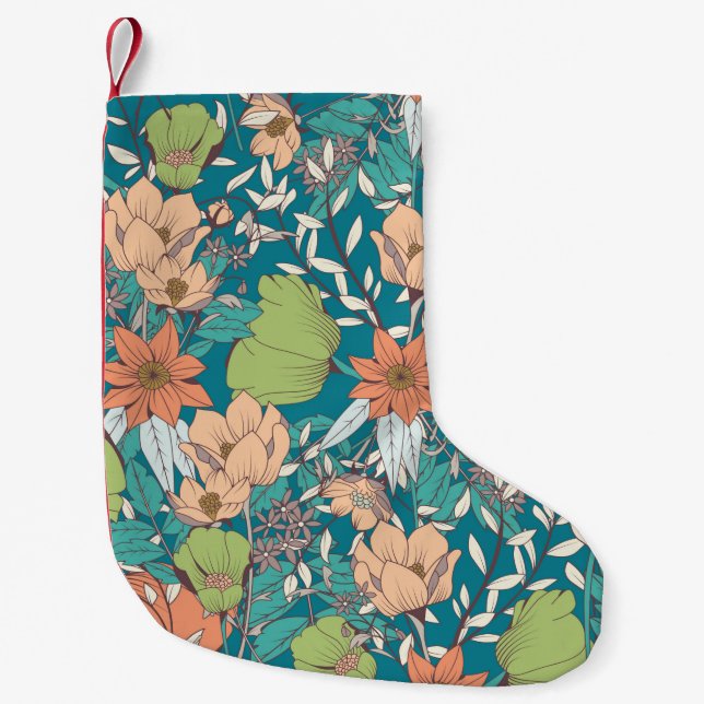 Seamless pattern design with hand drawn flowers an small christmas stocking (Front)