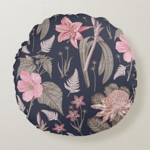 Seamless pattern fabric. Set Amaryllis Waratah Hib Round Cushion