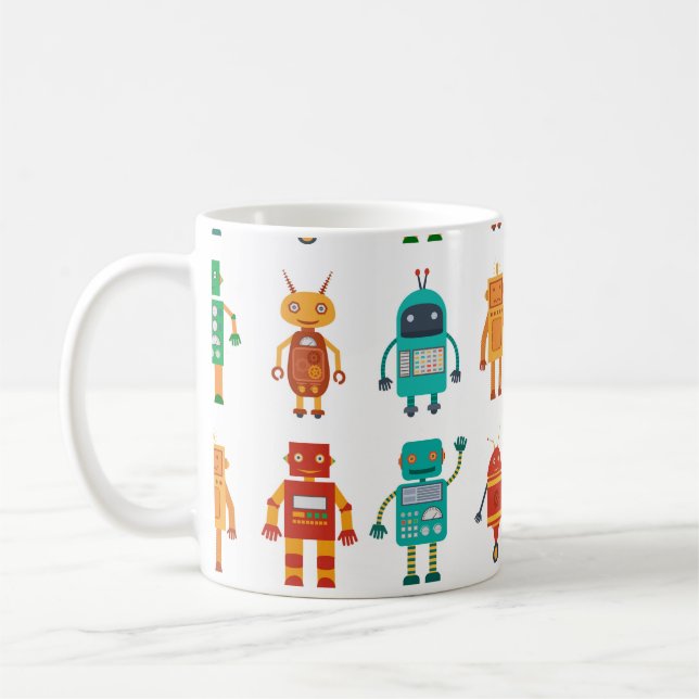 Seamless pattern from colourful retro robots in a  coffee mug (Left)