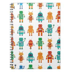 Seamless pattern from colourful retro robots in a notebook