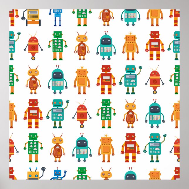 Seamless pattern from colourful retro robots in a  poster (Front)