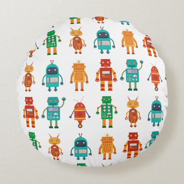 Seamless pattern from colourful retro robots in a  round cushion (Front)