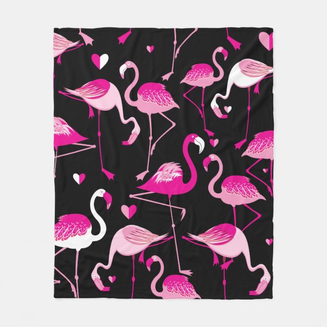 Seamless pattern from pink flamingos on a dark bac fleece blanket (Front)