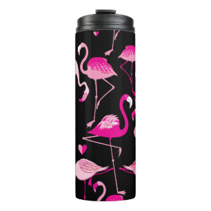 Seamless pattern from pink flamingos on a dark bac thermal tumbler