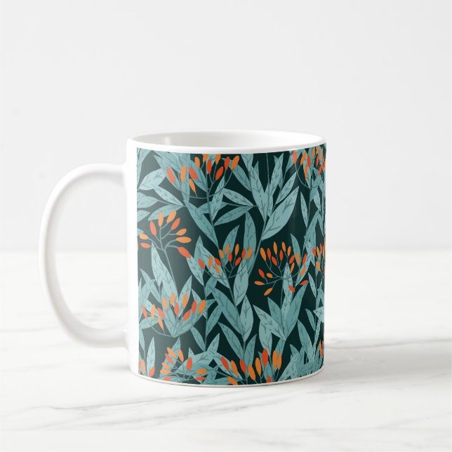 Seamless pattern hand drawn tree branches with lea coffee mug (Left)