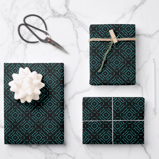 Seamless Pattern In Bright Turquoise On Black Wrapping Paper Sheet (Front)