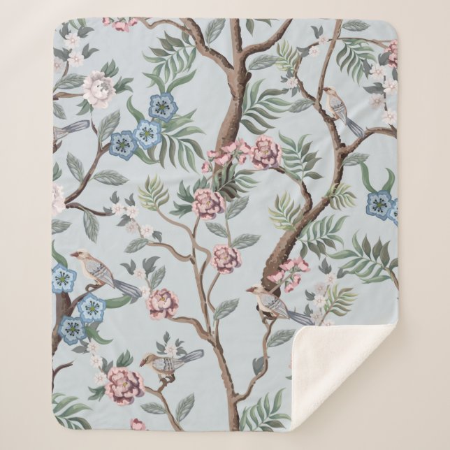 Seamless pattern in chinoiserie style with peonies sherpa blanket (Front)