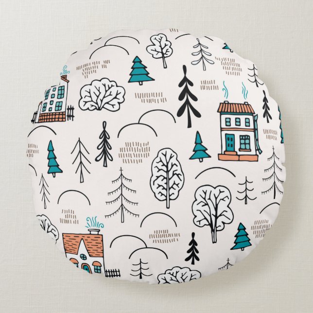 Seamless pattern in Scandinavian style. Small hous Round Cushion (Front)