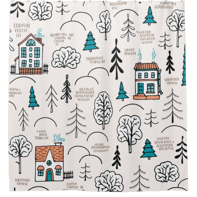 Seamless pattern in Scandinavian style. Small hous Shower Curtain (Front)
