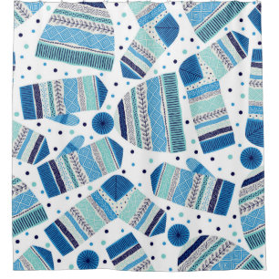 Seamless pattern. Knitted mittens, caps and wool s Shower Curtain