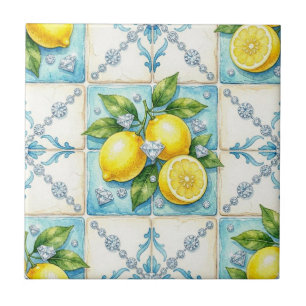 Seamless Pattern Lemons and Diamonds Ceramic Tile